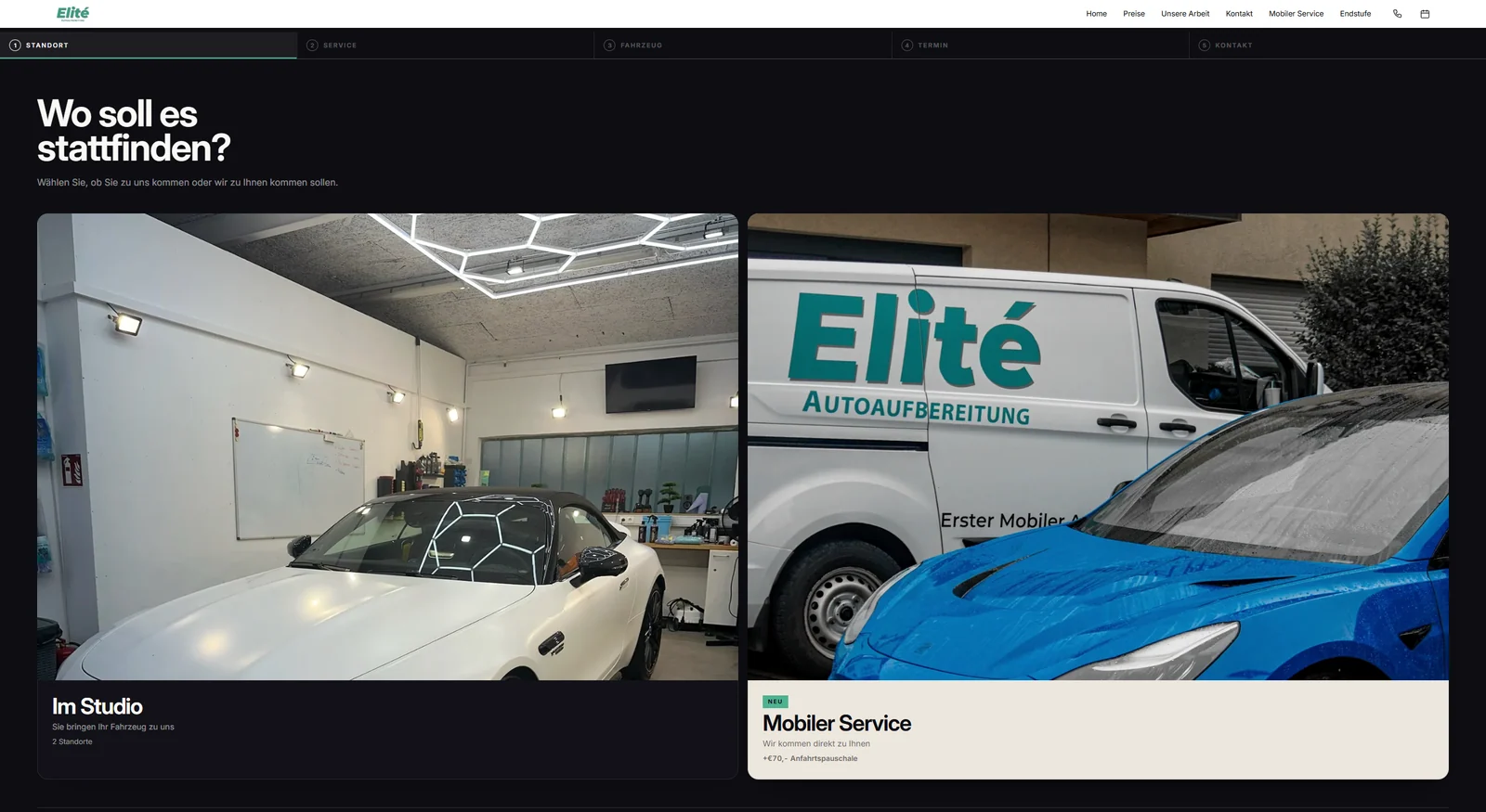 Die Buchung: „Wo soll es stattfinden?" — Im Studio oder Mobiler Service